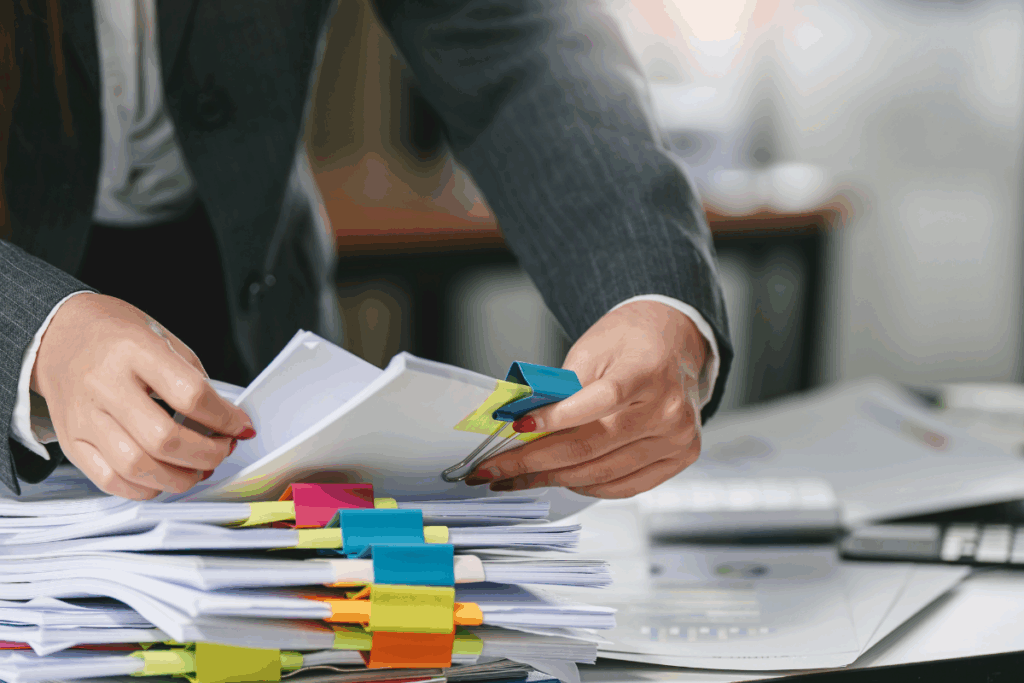 agente revisando diferentes dictamenes del IMSS