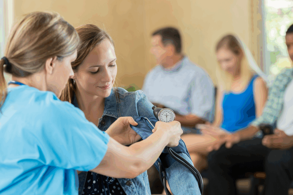 una enfermera chequeando pacientes en el IMSS y anotando a qué sección del Triage van